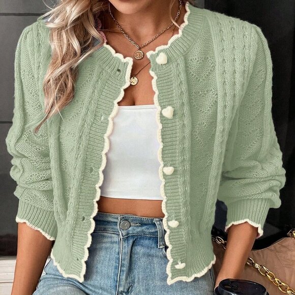 Sweaters - Green Casual Women's Long Sleeve Contrast Trim Cardigan